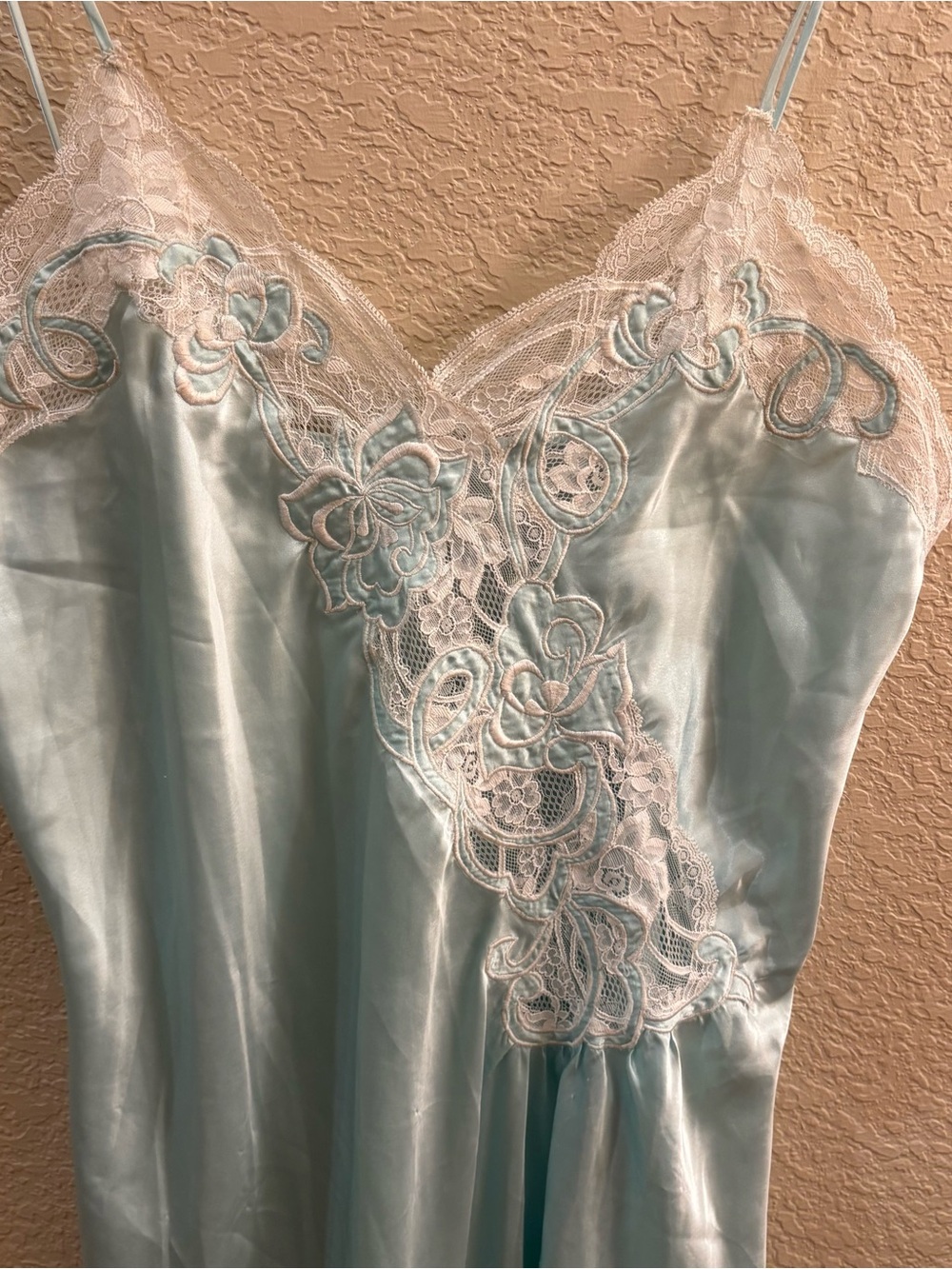 Vintage Natori Aqua Mint Blue Satin Long Slip Dress Nightgown Lace Trim